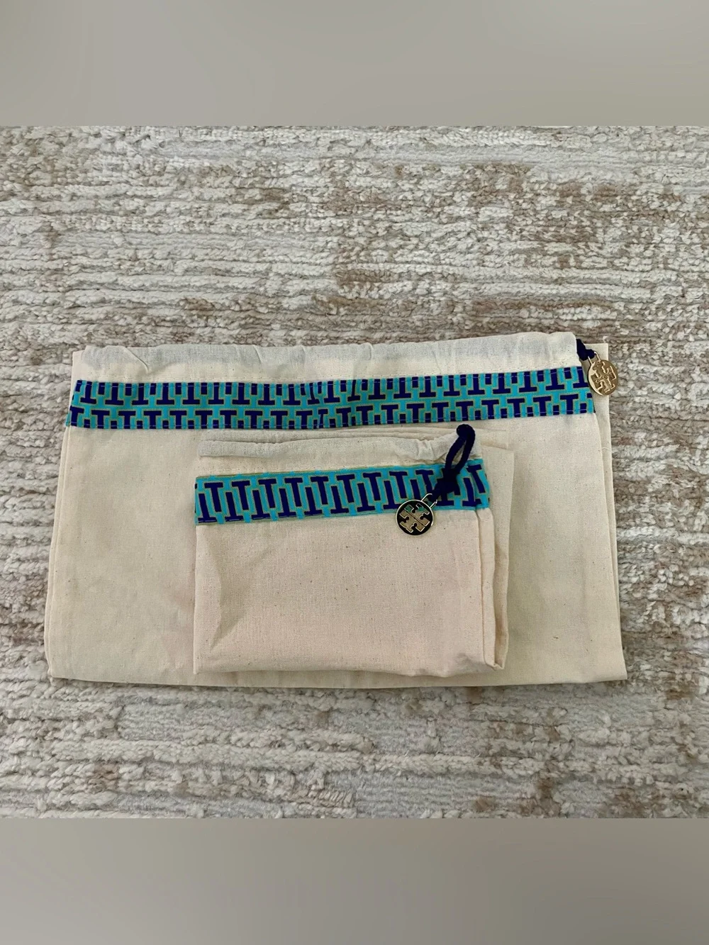 Tory Burch Canvas Dust Bag Blue with Purple and Gold Trim Logo Charm